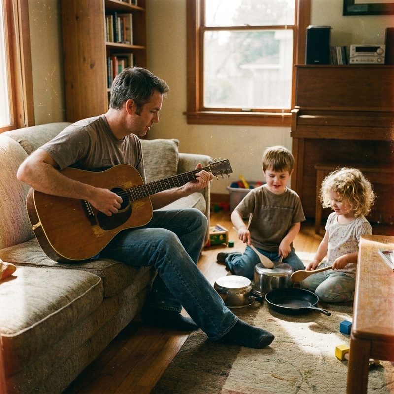 Tom writes the first song for Evelyn's birthday — on an old guitar, kids banging pots in the background.